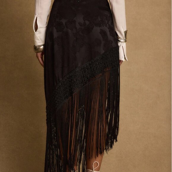 Twelfth Tribe Frankie Black Satin Jacquard Fringe Midi Skirt - Picture 4 of 10